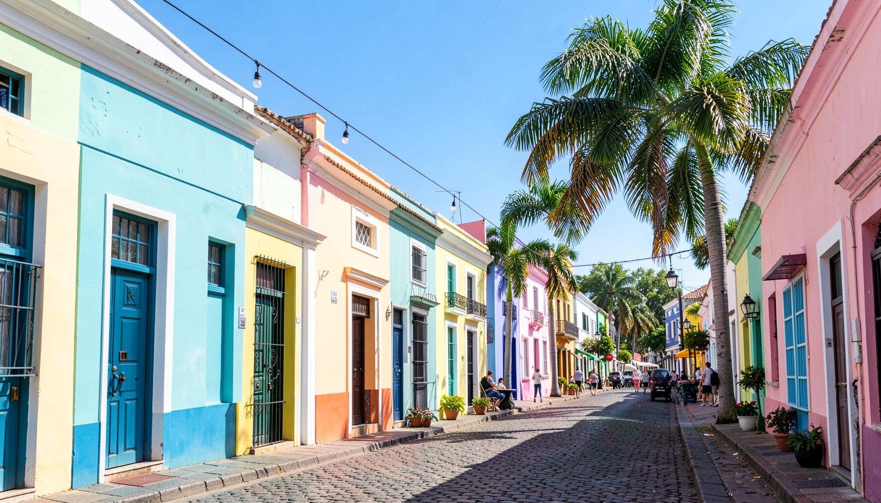 A colorful Caribbean street scene with pastel colonial buildings, palm trees, and bright tropical sunlight.