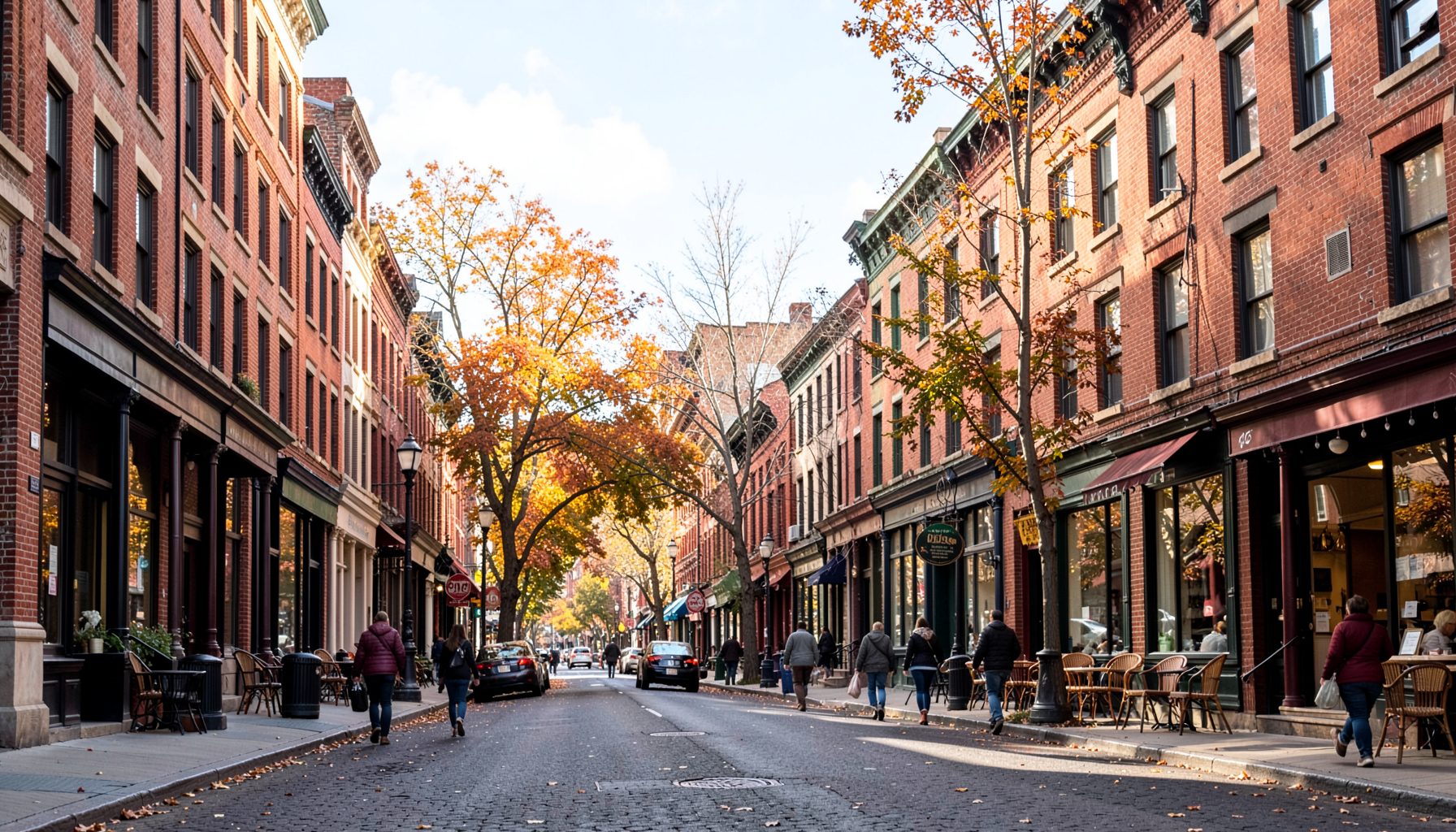 A historic American city street with brick buildings, autumn foliage, and pedestrians on a sunny afternoon.