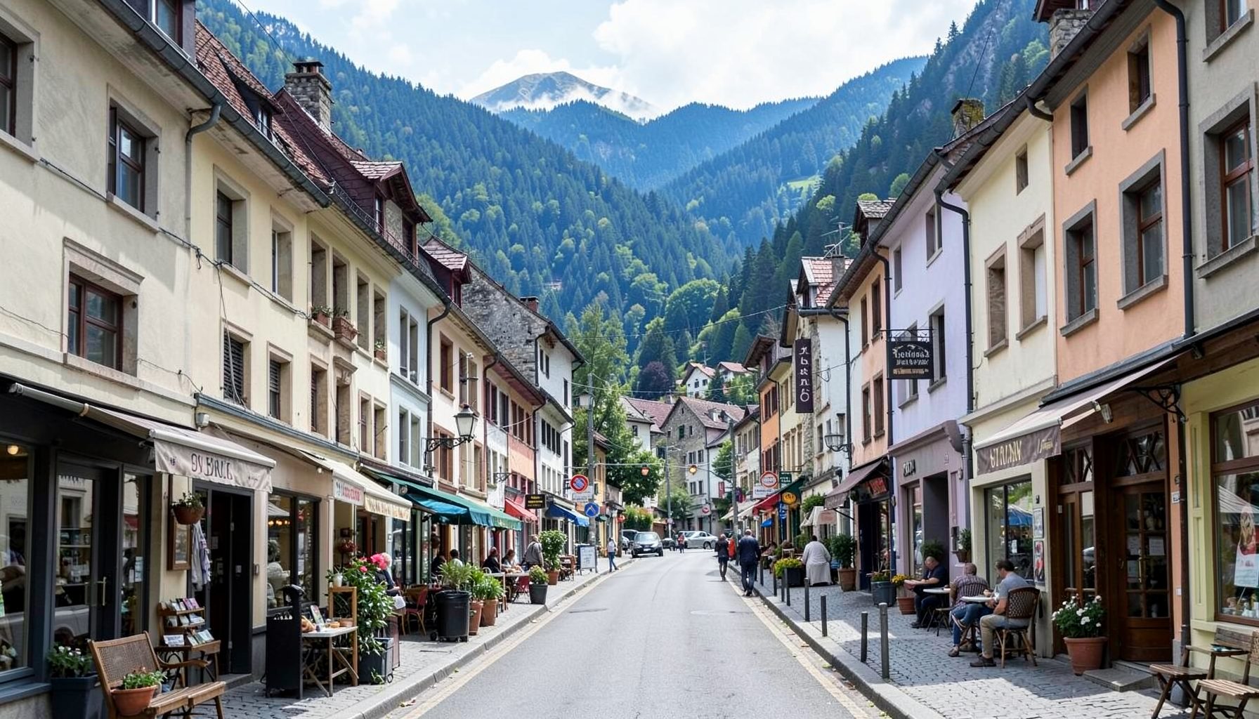 A mountain town main street lined with independent shops and cafés, surrounded by blue-green forested hills.