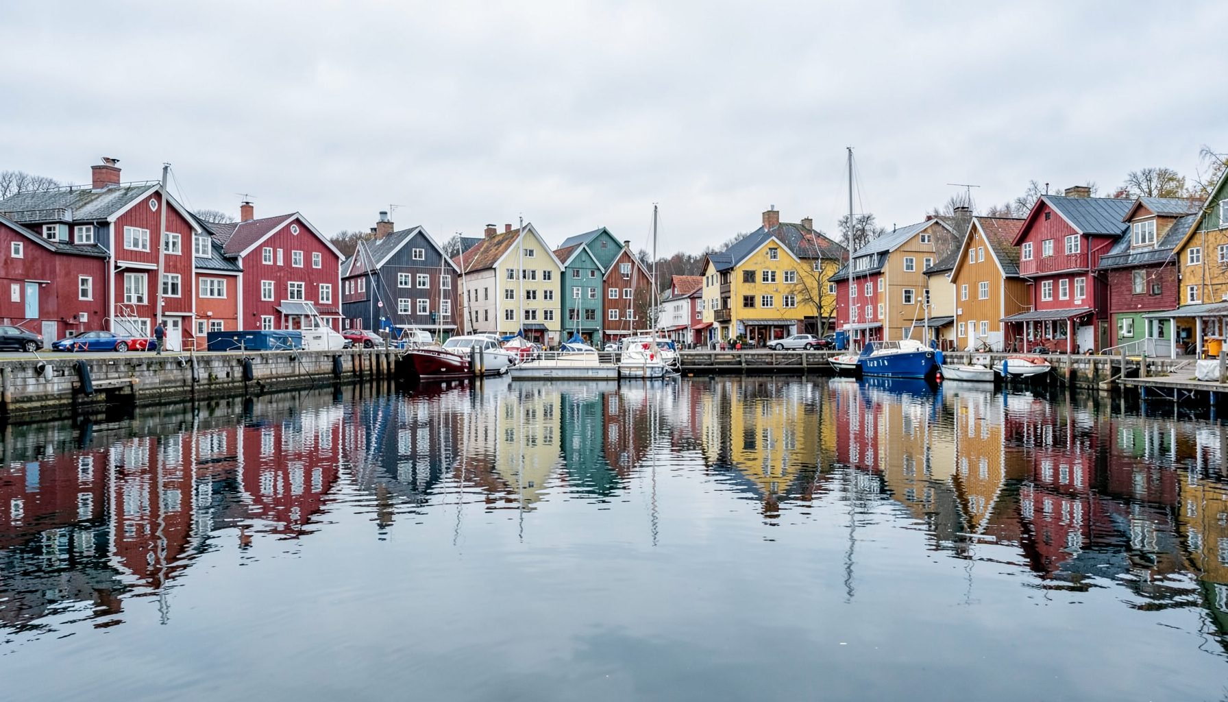 A scenic Nordic harbor with colorful wooden buildings reflected in calm water under a soft overcast sky.