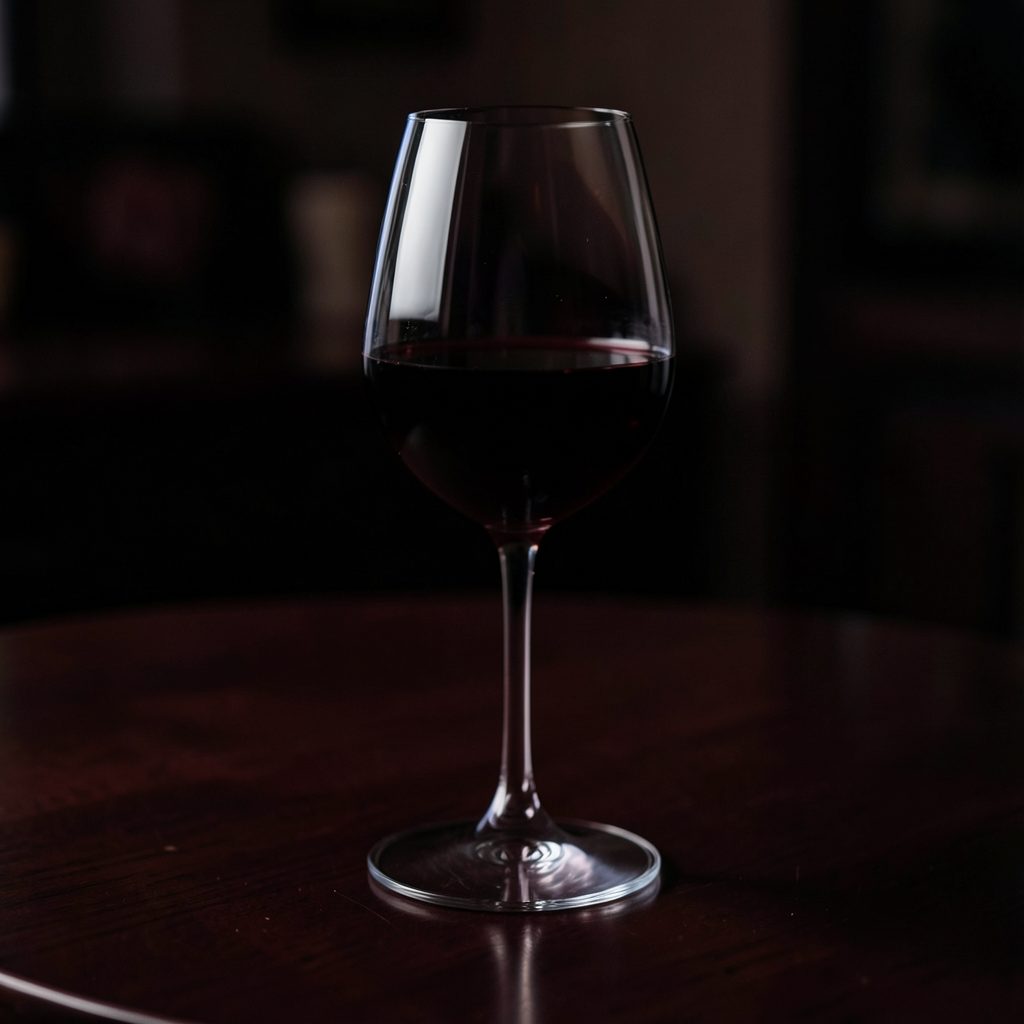 A glass of red wine on a dark wooden table in a dimly lit, moody setting
