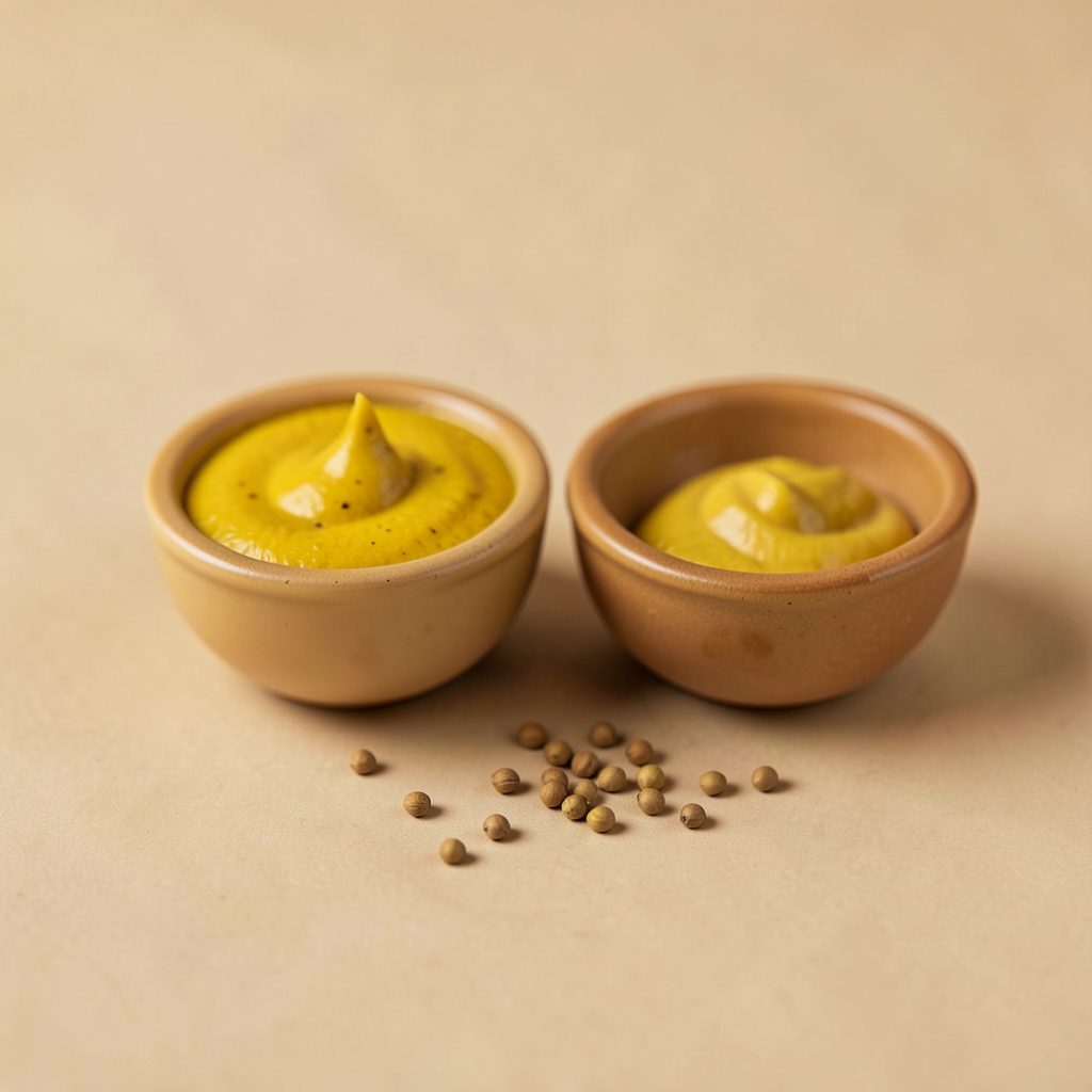 Two small bowls of yellow mustard paste with scattered coriander seeds on a beige surface