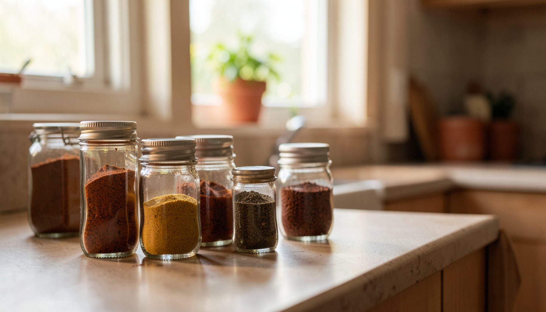 Several glass jars filled with different colored spices and powders lined up on a kitchen counter near a sunlit window
