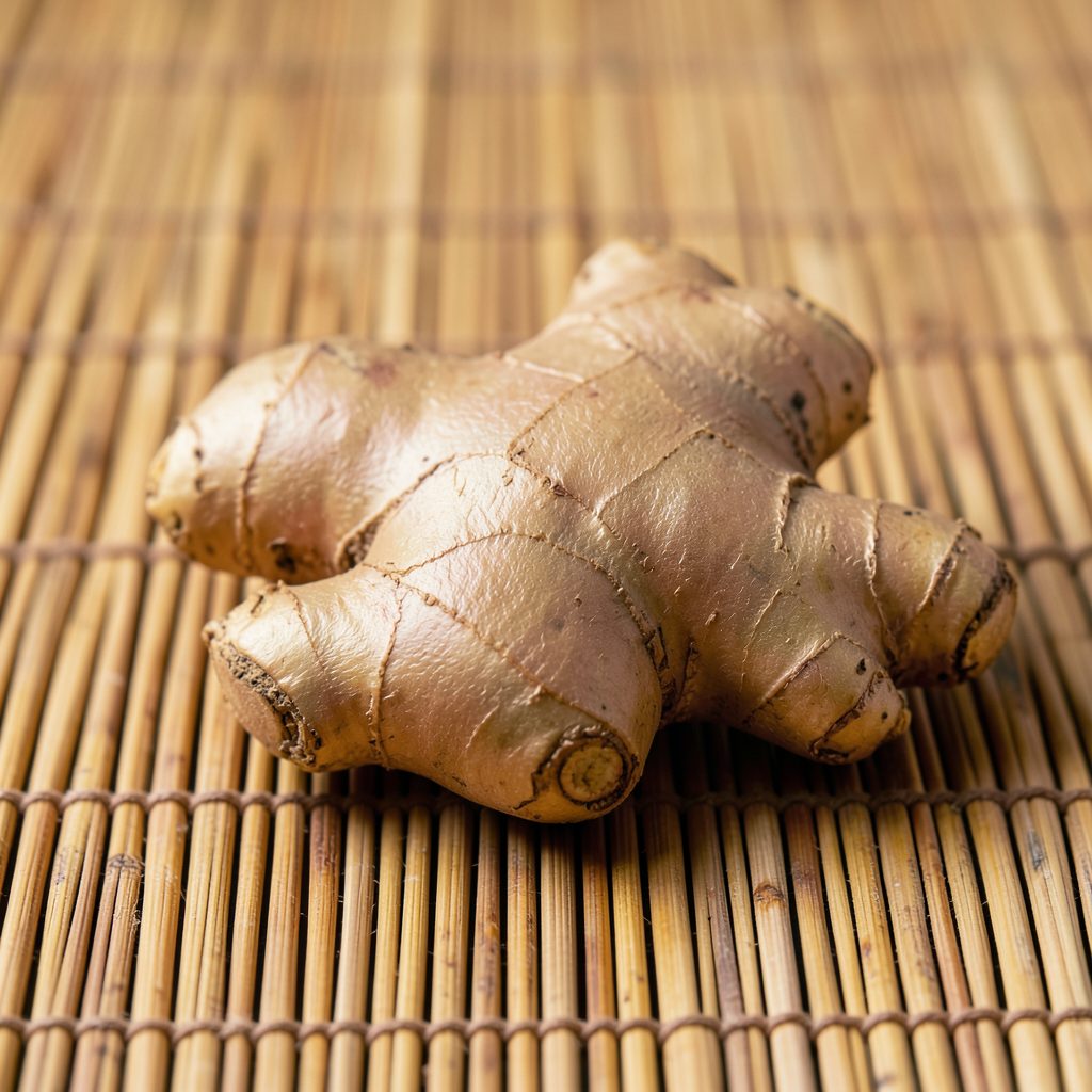 A piece of ginger root on a woven bamboo mat, tan and brown tones, rustic mood
