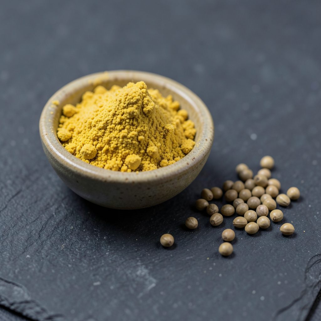 A bowl of golden yellow spice powder with scattered coriander seeds resting on a dark slate surface, warm and earthy mood