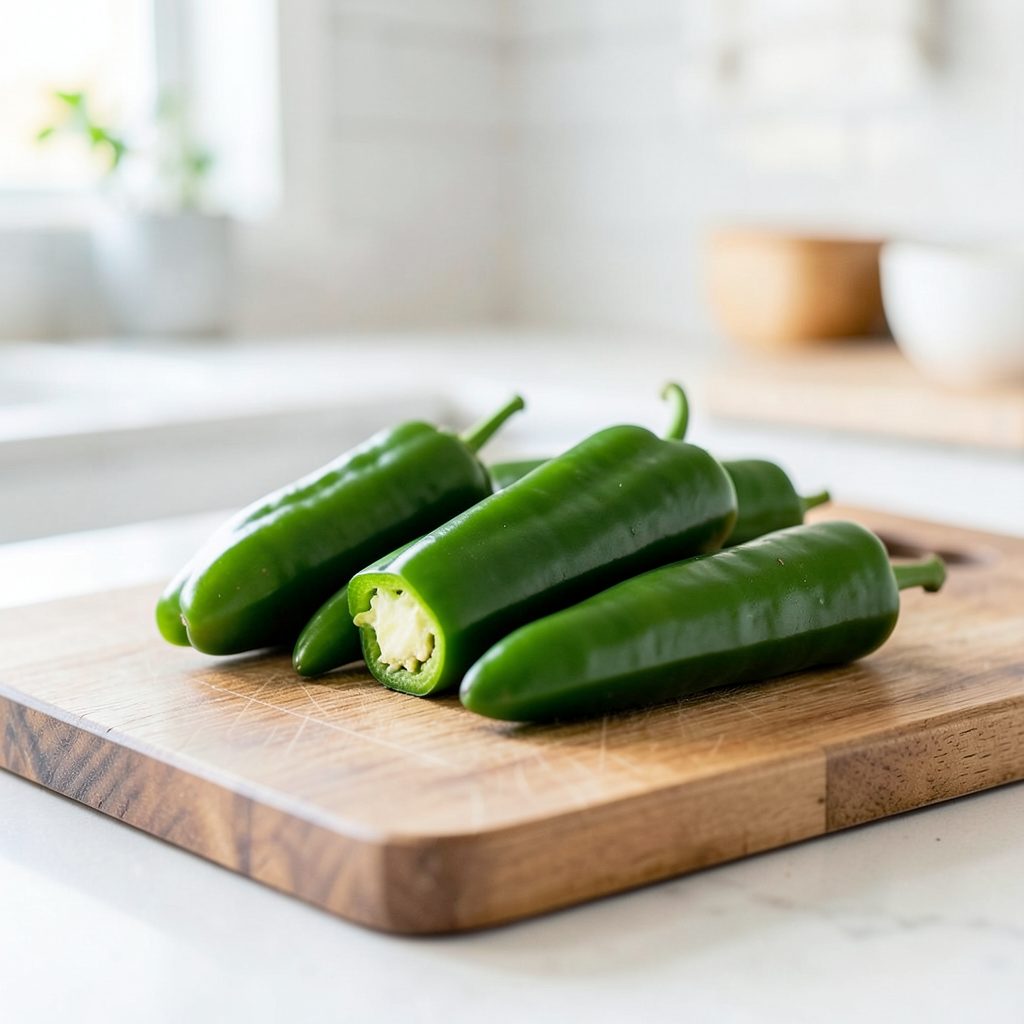 Dark green jalapeño peppers, one sliced open, on a wooden cutting board with a blurred kitchen background