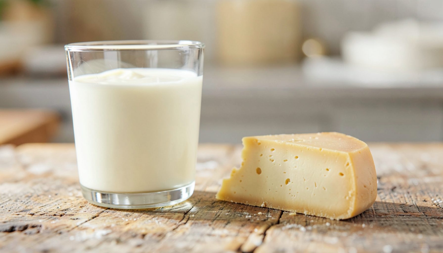 A glass of milk beside a wedge of pale yellow cheese with visible holes, resting on a rustic wooden surface
