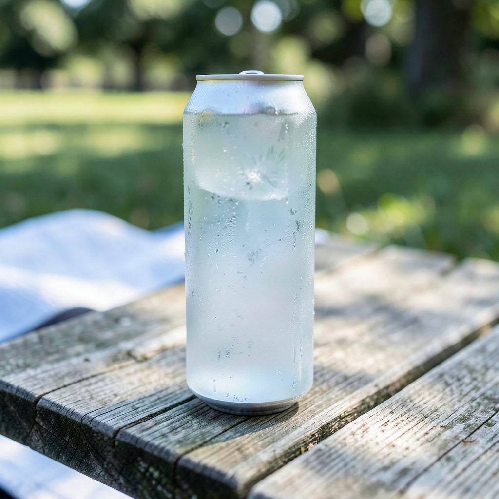 A frosty aluminum can filled with a clear icy beverage, sitting on a weathered wooden picnic table with a blurred green background