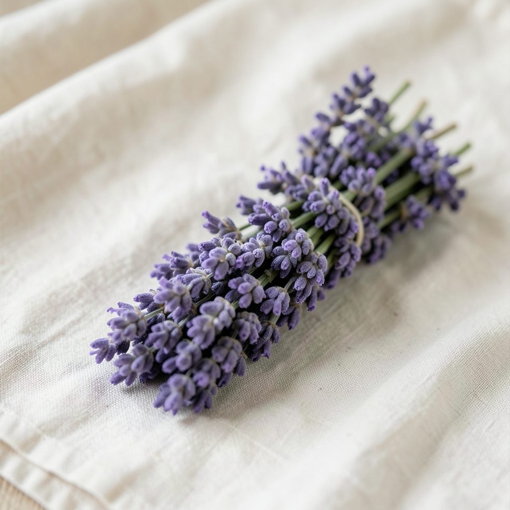 A bundle of fresh lavender stems tied together, resting on a white linen cloth