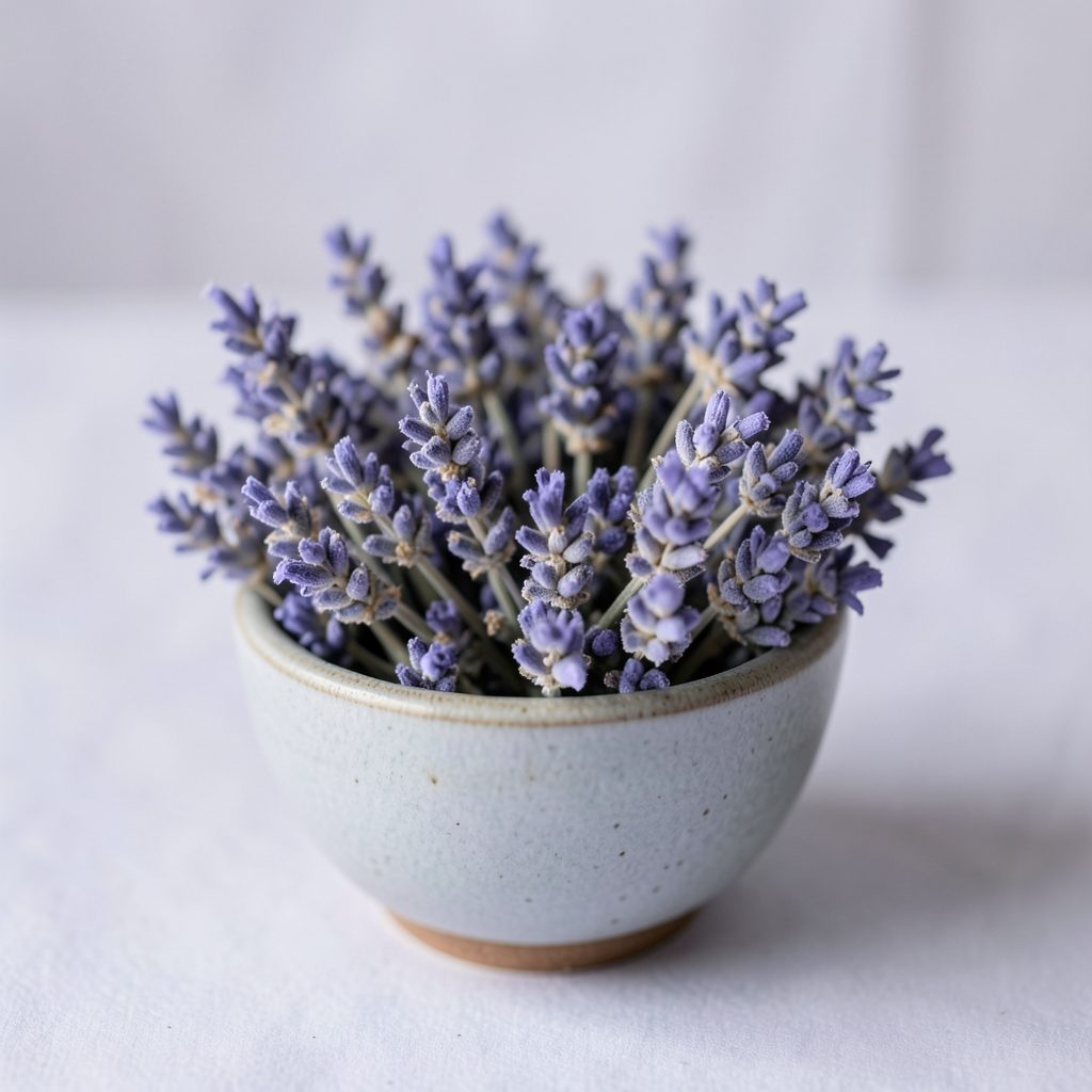 A small ceramic bowl filled with purple lavender sprigs against a soft white background