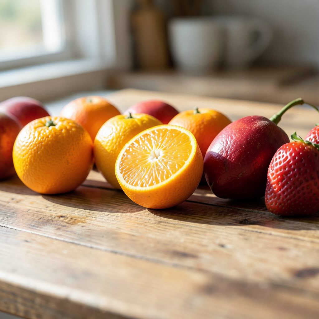 A row of fresh citrus fruits and berries, including a halved orange, on a wooden table with soft window light