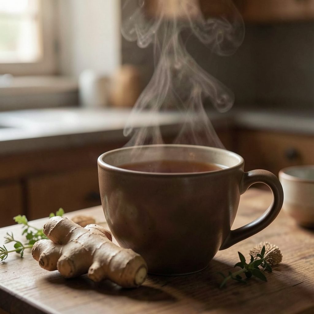A steaming mug of dark tea on a wooden table with fresh ginger root and herb sprigs nearby