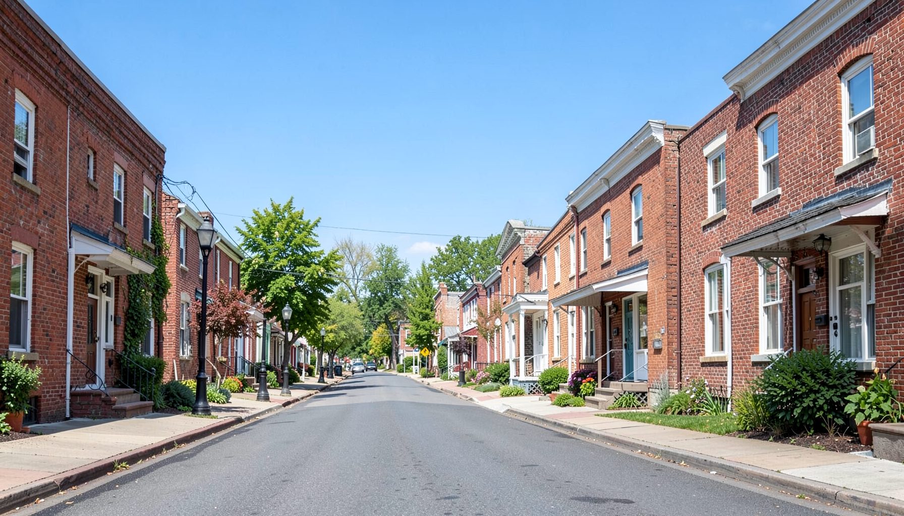 A quiet residential street lined with red brick row houses, trees, and street lamps under a clear blue sky
