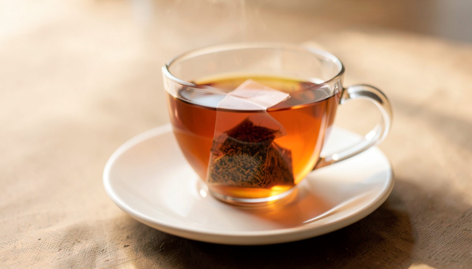 A glass cup of steeping tea with a tea bag visible, set on a white saucer on a wooden table, warm amber tones and soft light